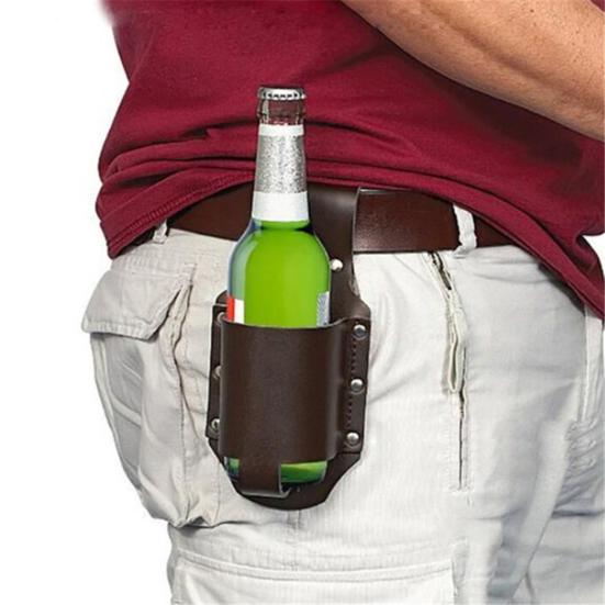 Beer Holster Belt Waist Bag Faux Leather Beer Holder Travel Pouch Soda Beer Bottle Holder for Picnic Beach BBQ Camping