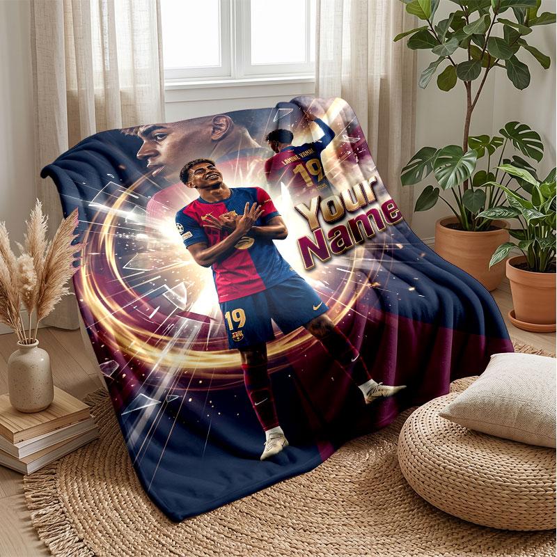 Lamine Yamal Benutzerdefinierter Name Text Flanelldecke Fußball Logo Personalisierte Fleece-Kuscheldecke Besonderes Geschenk für Sofa Schlafzimmer Zuhause 80cmx120cm gray