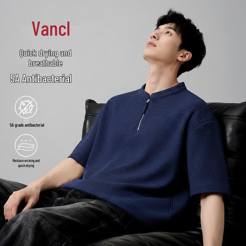 VANCL Men's Loose Fit Half-Zip Quick Dry Anti-bacterial Short Sleeve T-Shirt