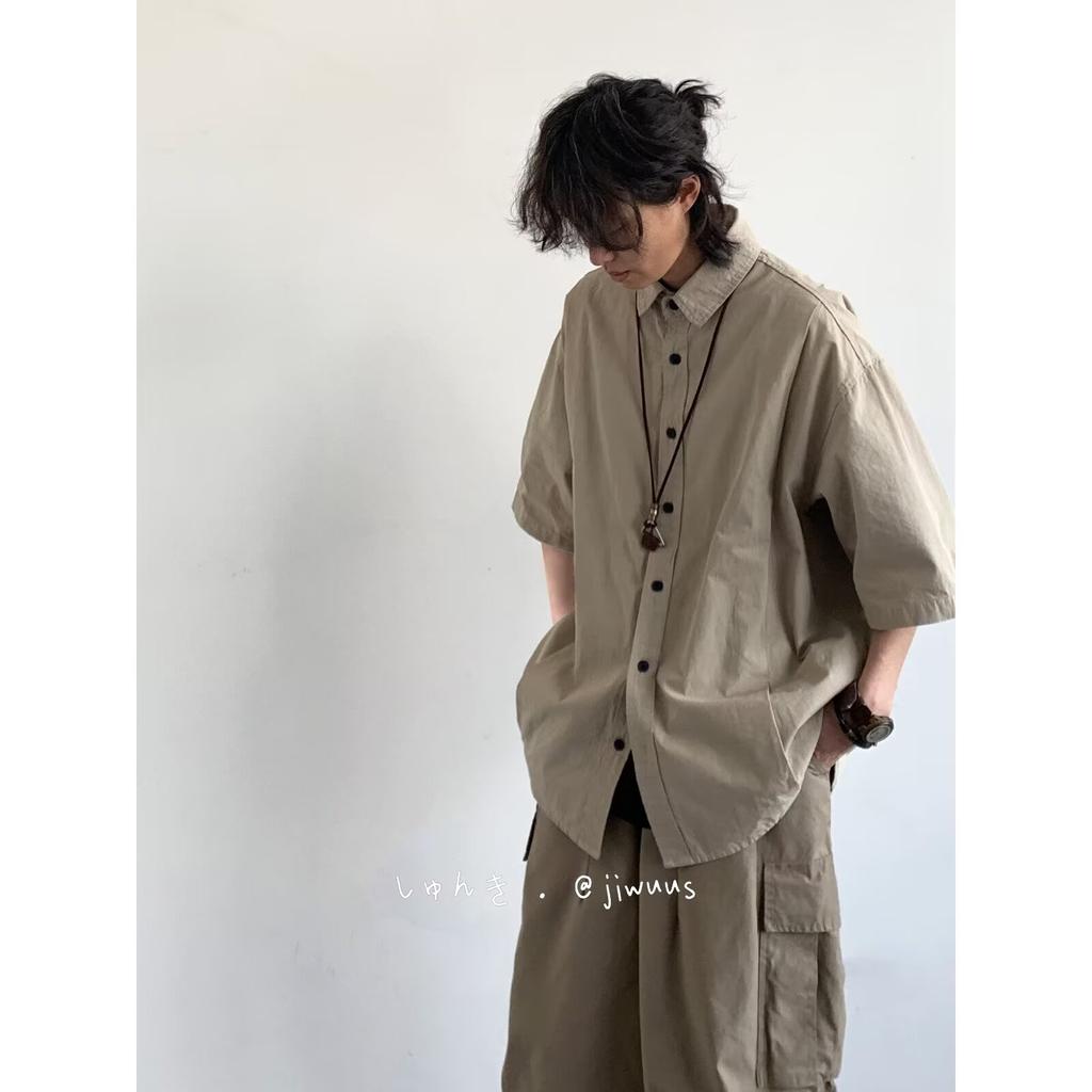 Hong Kong Style Retro Short Sleeved Shirt Men's Summer Japanese Loose Workwear Casual Five Quarter Sleeved Top Jacket