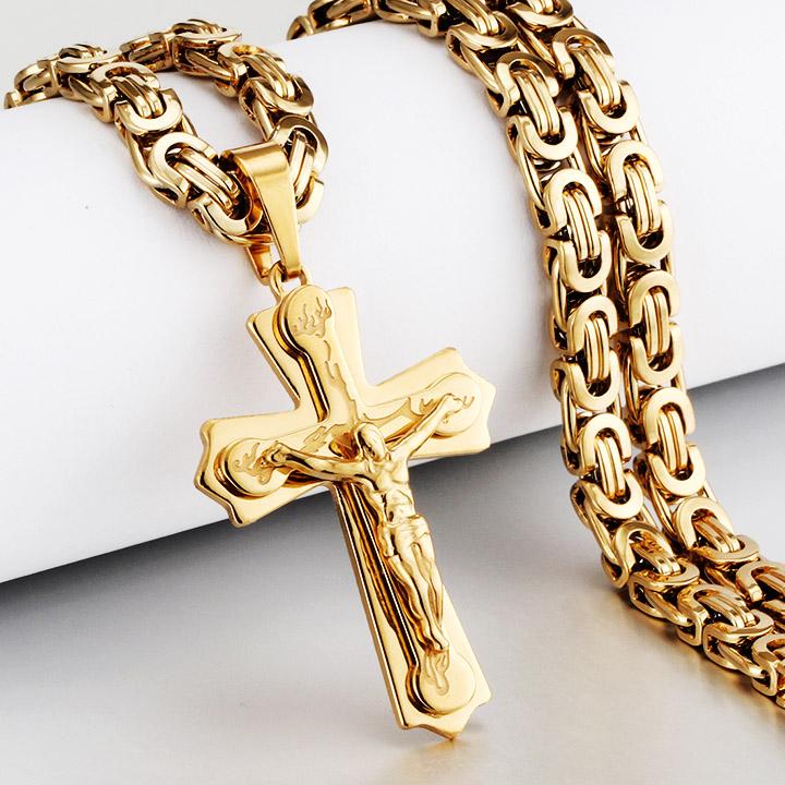 Collana con ciondolo a croce in acciaio inossidabile per uomo religioso, pesante collane a catena bizantina, gioielli sacri di Gesù Cristo