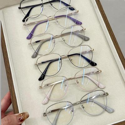 Round Metal Frame Anti Blue Light Glasses Luxury Half Rhinestone Edged Eyeglasses Women Computer Light Blocking Plain Glasses
