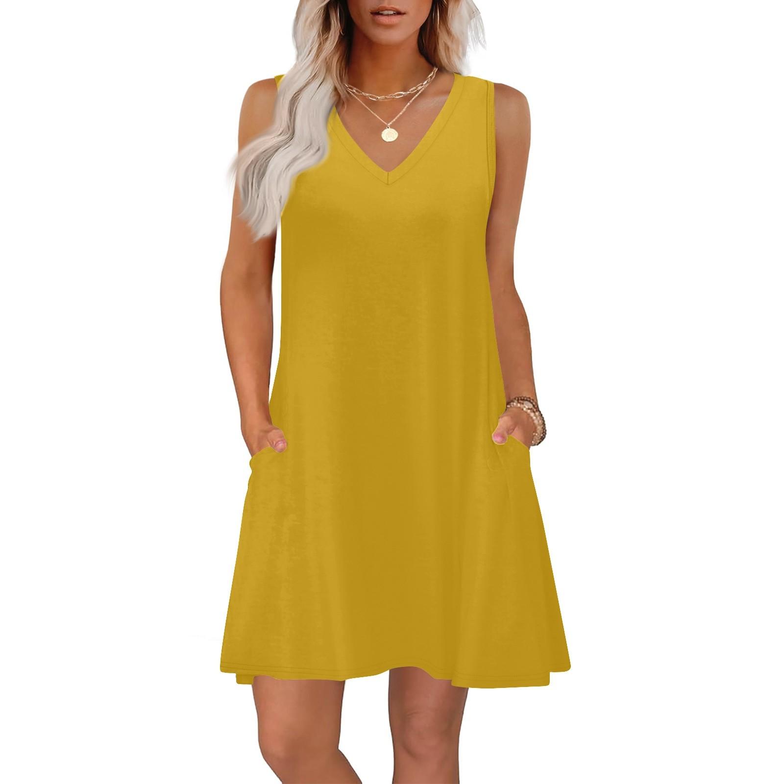 

Женские летние платья свободного кроя, однотонные, с V-образным вырезом, без рукавов, сарафаны, пляжное гавайское платье с карманами XL жёлтый