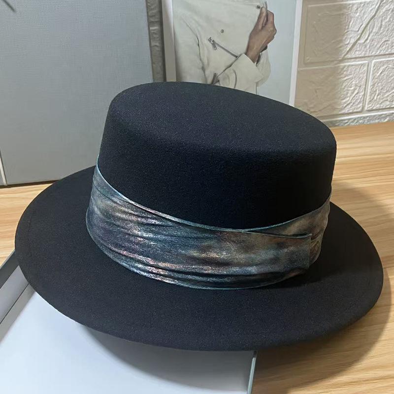 Winter new imitation wool flat top hat women's pleated elegant top hat versatile fashion felt top hat French retro hat