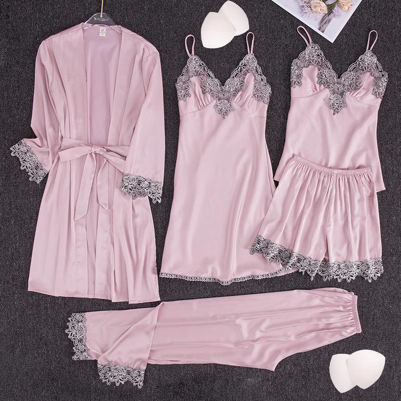 Yao Ting Satin Chiffon Five-Piece Pajama Set: Ice Silk, Casual, Sexy, with Chest Pads for Spring/Summer