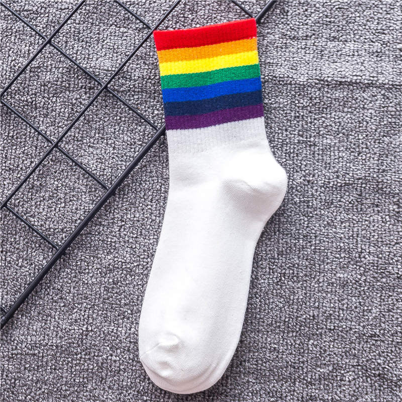 Women's Harajuku Rainbow Stripes White Black Cotton Socks Fashion Christmas Casual Tide Streetwear Dropship