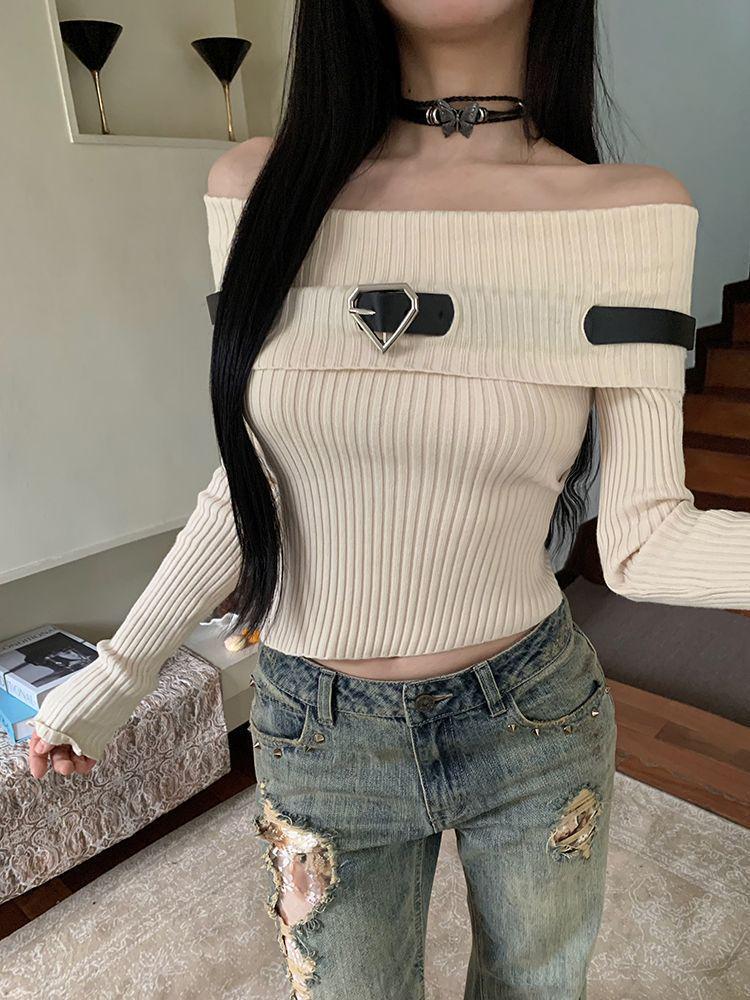 Sweet Spicy Girl One-Shoulder Knitted Top - Autumn/Winter Long Sleeve Off-Shoulder Sweater