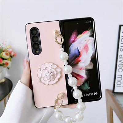 Śliczna kwitnąca kamelia przenośna perłowa bransoletka etui na Samsung Galaxy Z Fold 4 3 2 PU skórzane odporne na wstrząsy tylne etui