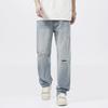 American straight ripped jeans men's and women's casual trousers loose pants tide ins high street denim floor pants
