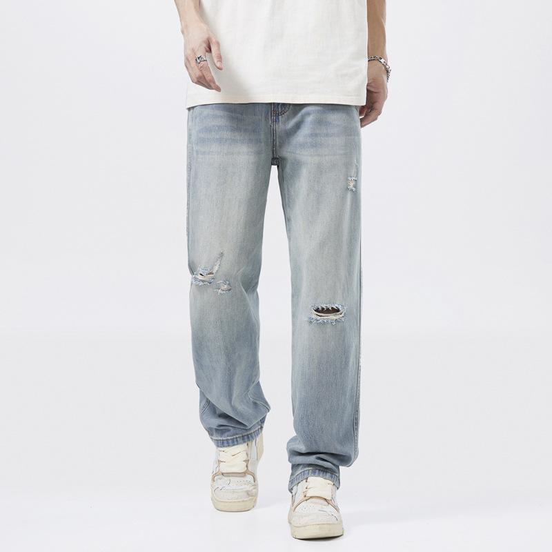 American straight ripped jeans men's and women's casual trousers loose pants tide ins high street denim floor pants