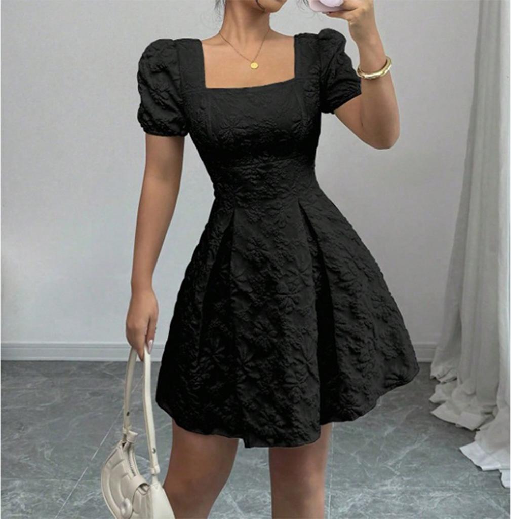 Women's Fashionable Color Square Neck Bubble Short Sleeved Dress With Temperament
