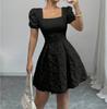 Women's Fashionable Color Square Neck Bubble Short Sleeved Dress With Temperament