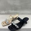 Women's shoes 2025 summer new fashion temperament black small high heel one-word slippers square head open-toed rhinestone sandals