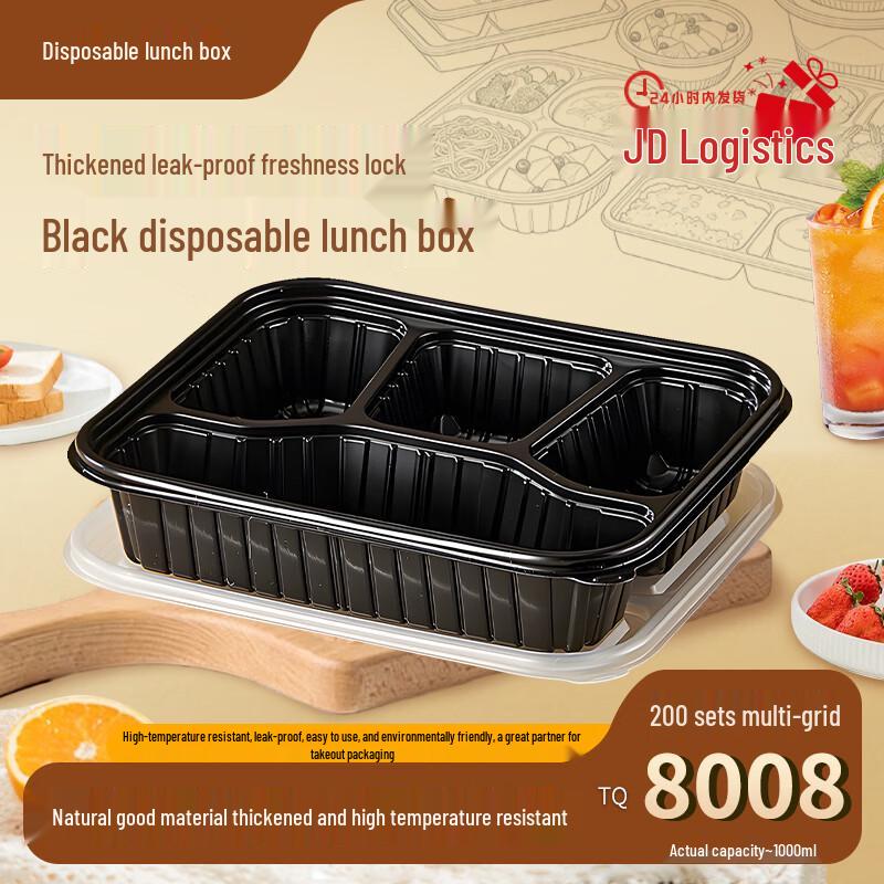1000ml Black 4-Compartment Microwavable Disposable Food Container