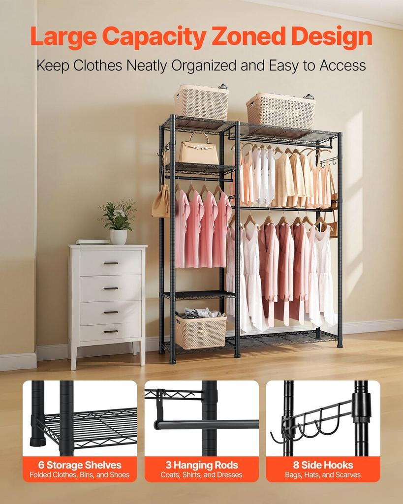 Clothing Garment Rack, Heavy Duty Clothes Rack, 6 Adjustable Tiers Clothes Racks with Steel Frame, 363 kg Load Capacity Closet Wardrobe with 3 Hanging