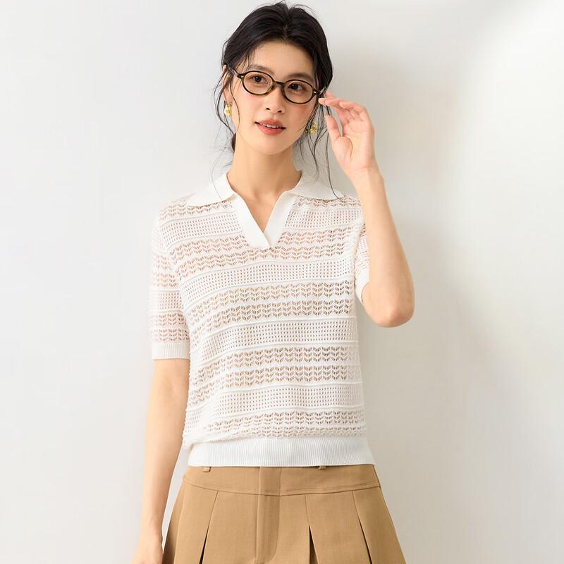 Women's Mulberry Silk Blend Hollow Knit Polo Top