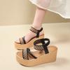 Large size apricot wedge heel thick sole heightening fashionable and comfortable casual waterproof table one-word buckle women's sandals