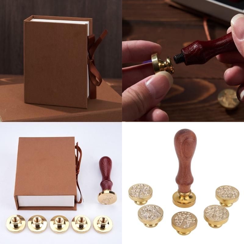 Seal Stamp Head Wood Handle with 5 Replaceable Scrapbooking Seal Stamp for Party Invitations Envelope Embellishments