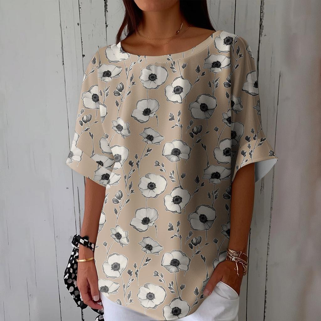 Women's Fashionable Casual Round Neck Printed Top Loose Top Printed Top Loose Top