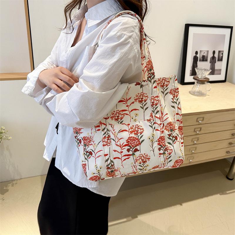 Commuter Canvas Bag Women's Wholesale New Fashion Casual Armpit Bag Large Capacity Trend Korean Version Flower Tote Bag