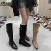 Leather inner height increase retro belt buckle thick heel boots but knee thin knight boots pointed pleated pile boots