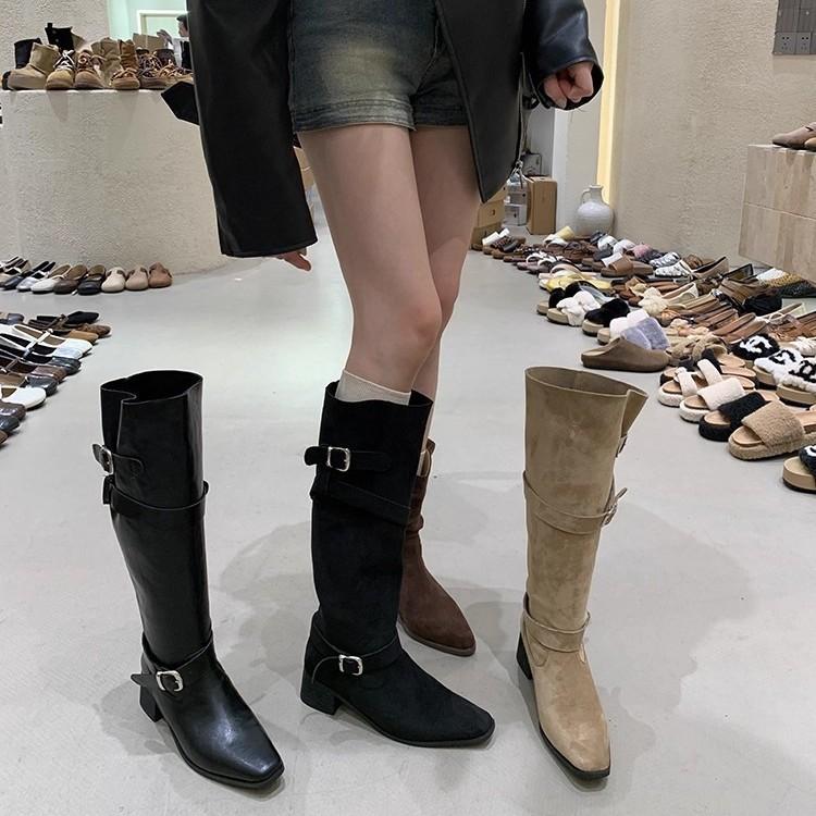 Leather inner height increase retro belt buckle thick heel boots but knee thin knight boots pointed pleated pile boots