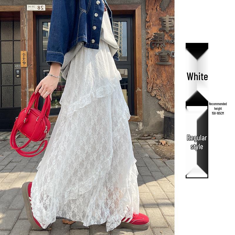 Women s White Lace A-Line Irregular Long Skirt, Spring/Autumn 2026 Collection Large