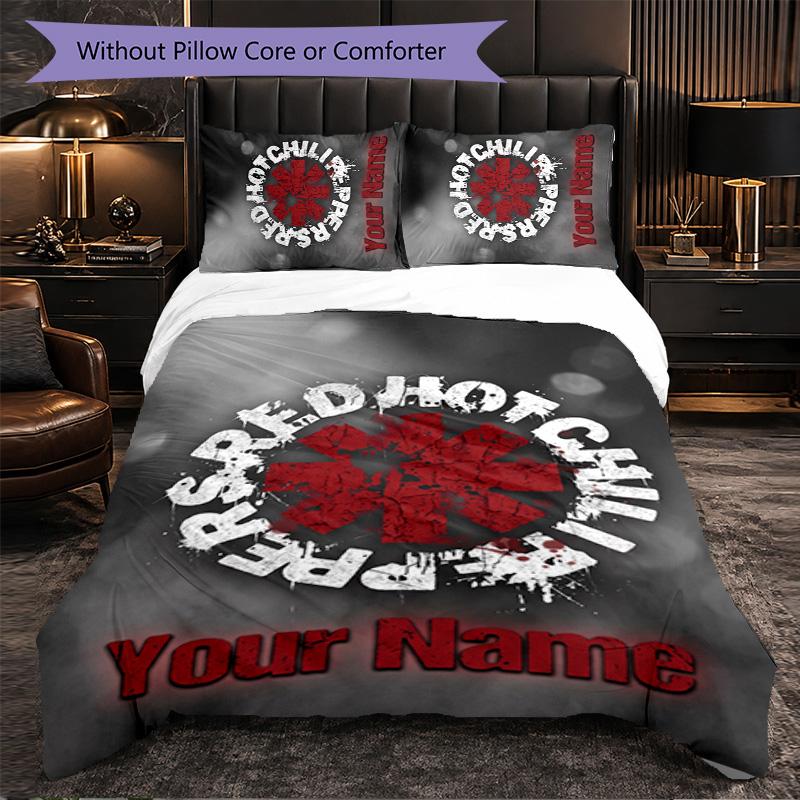 Red Hot Chili Peppers Customized Name Text Bedding Set, 1 Duvet Cover & 2 Pillowcases Personalized Bedroom Gift
