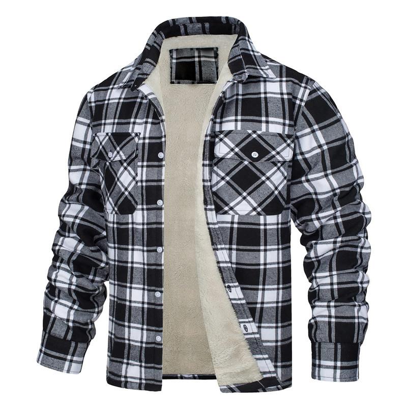 Men's Plaid Shirt Jacket Button Up Casual Cotton Jacket Thicken Warm Spring Work Coat Outerwear Plus Size