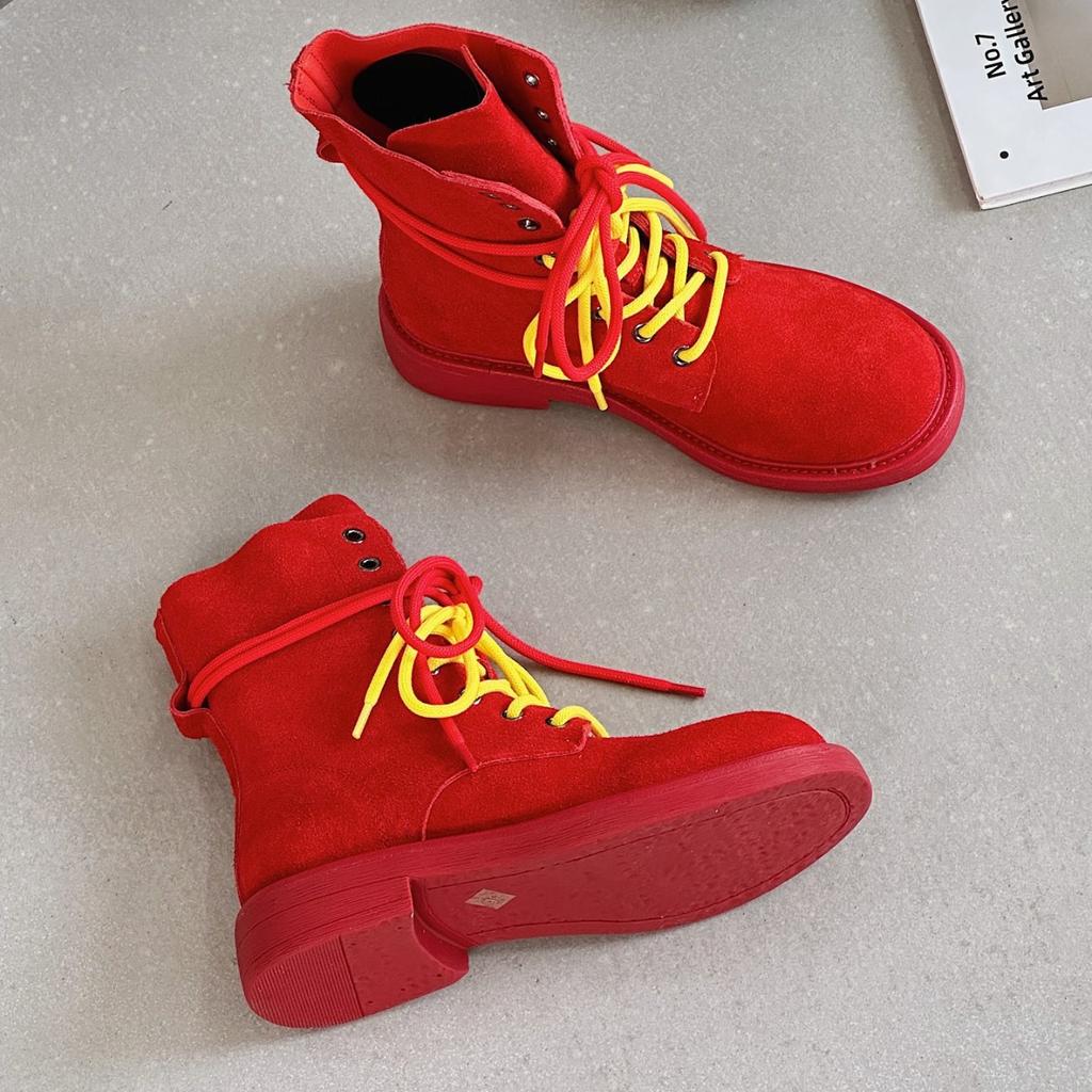 Retro matte leather thick-soled Martin boots women's 2025 spring and summer new double shoelaces versatile short locomotive boots thin boots