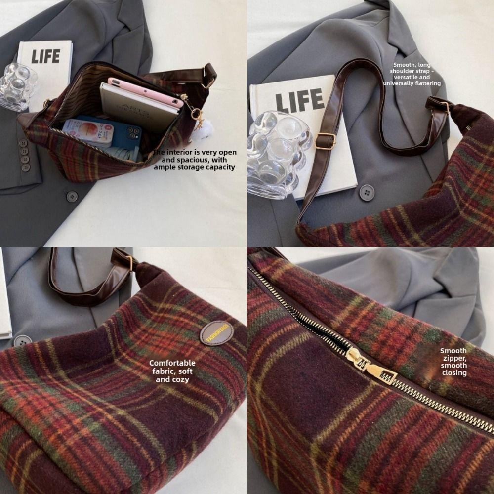 Modna Torba Crossbody z Polarowego Materiału Wzór w Kratkę Zamek Błyskawiczny Torba Podręczna Duża Pojemność Koreański Styl Torby na Ramię Codzienne Użycie