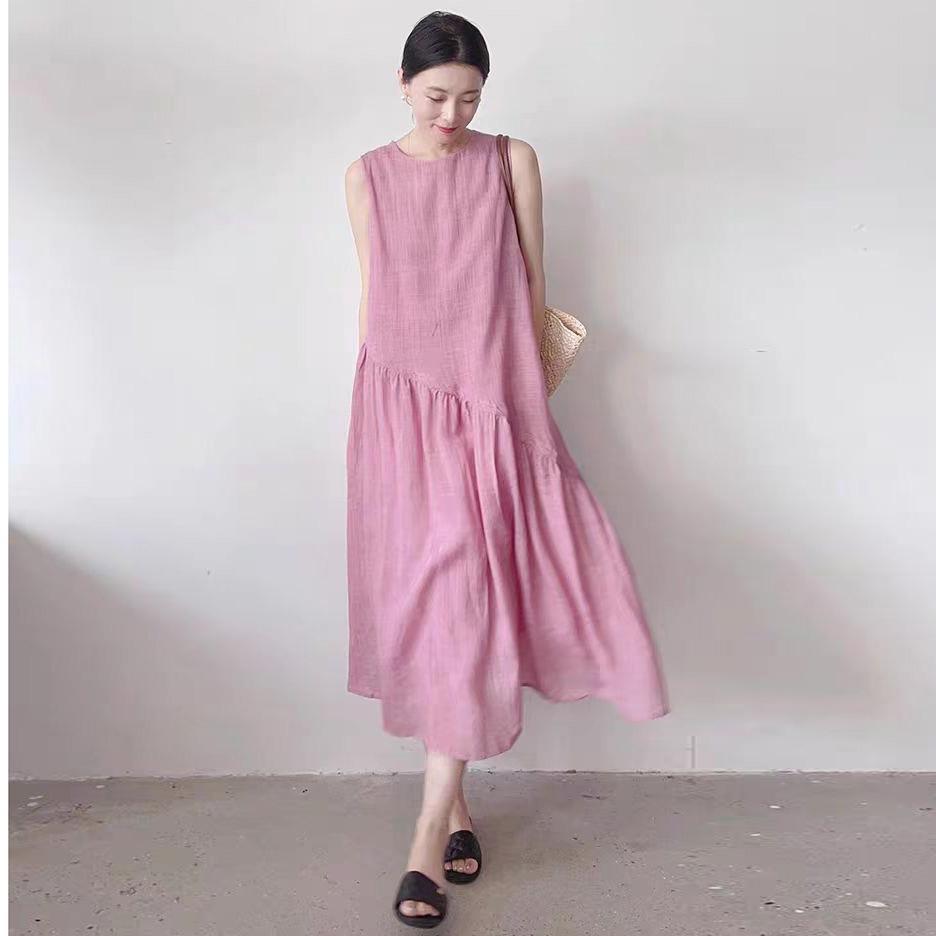 Solid Color Cotton and Linen Dress Women's 2025 Summer New Fan Large Size Loose Breathable Round Neck Sleeveless Medium and Long Dress