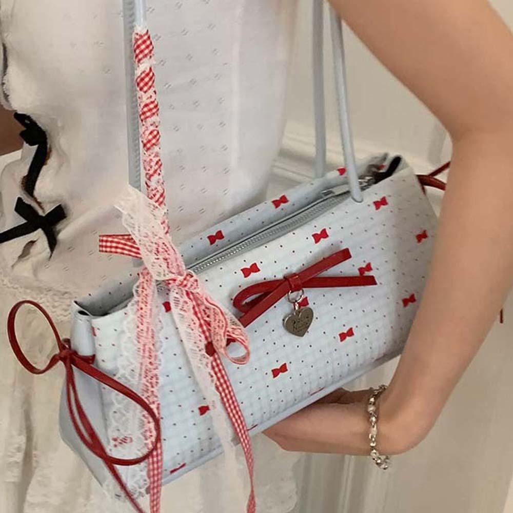 Contrast Color Bow PU Shoulder Bag Sweet Underarm Bags Shopping French Stick Handbag  School
