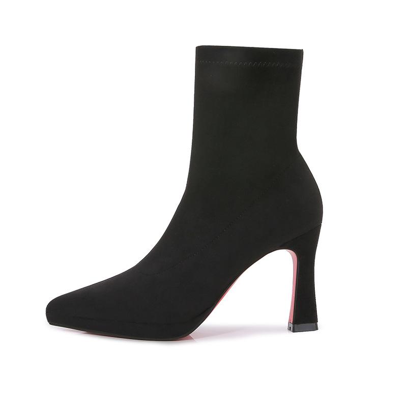 Black Red Sole Suede Platform Ankle Boots: Versatile Elastic Slim Fit, Waterproof, Women's High Heels for Autumn/Winter.