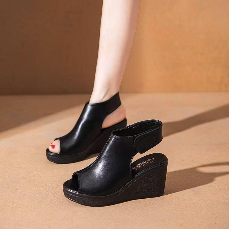 Neue Damen-Sommer-Keilsandalen aus Leder mit offener Zehenpartie, dicker Sohle, rutschfest, leicht, modisch, mit Klettverschluss und hohem Absatz, moderne Sandalen