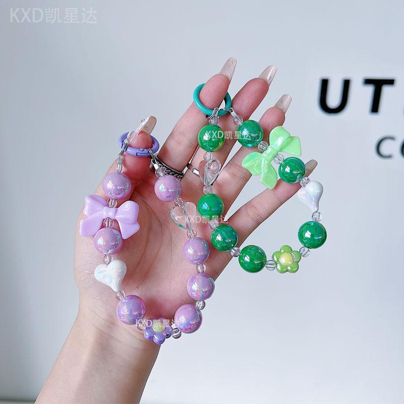 Trendy INS Solid Color Heart Bowknot Beaded Lanyard Universal Phone Case DIY Camera CCD Keychain Bracelet