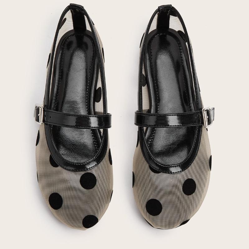 Fashion Fashion Shallow Flat Sandals Women Breathable Mesh Black Polka Dot Ballet Flats Comfortable Round Toe Plus Size Mary Jane Shoes