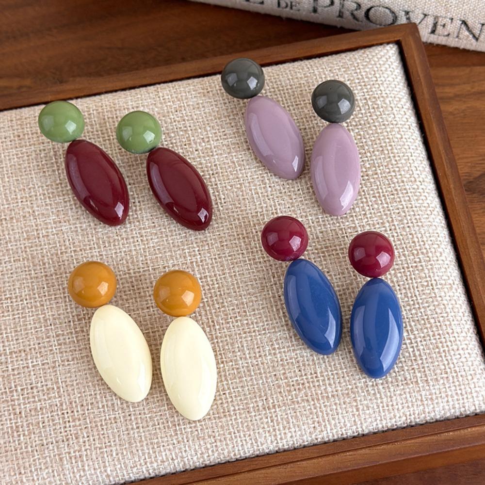 Trendy Temperament Geometric Contrasting Color Resin Drop Earrings for Women Winter Autumn Retro Stud Earrings Jewelry Accessory