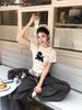 Summer Korean Retro White Polka Dot Cute Printed Small Dog Short Sleeve T-Shirt Women Slim Fit High Neck Top Trendy