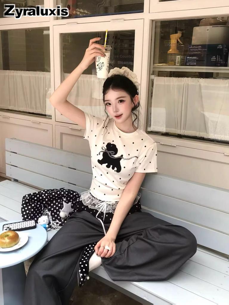 Summer Korean Retro White Polka Dot Cute Printed Small Dog Short Sleeve T-Shirt Women Slim Fit High Neck Top Trendy