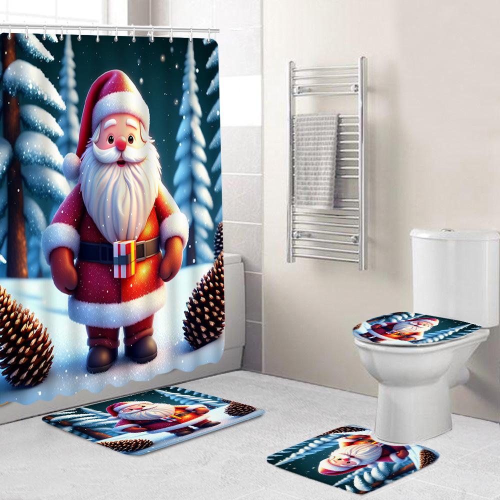 Christmas Toilet Cover Shower Curtain Floor Mat Set Santa Carpet Door Mat Foot Mat Non-Slip Mat