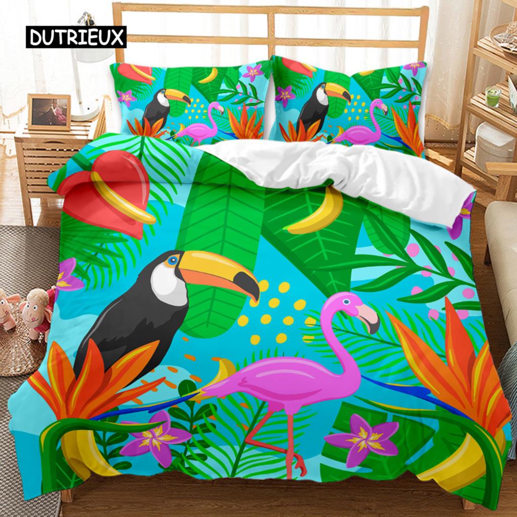 Flamingo Duvet Cover Couple Flamingo Palm Leaf Twin Bedding Set Tropical Botanical Leaves Summer King Size Polyester Quilt Cover