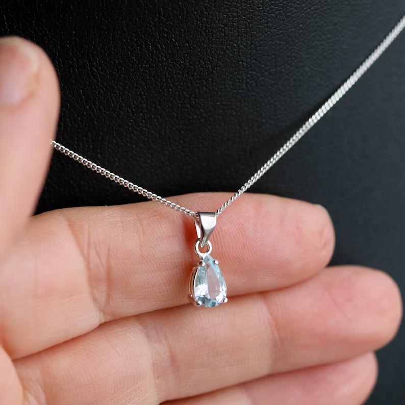 Natürlicher Aquamarin Edelstein Handgefertigt 925 Sterling Silber Birnenförmig Tropfen Halskette