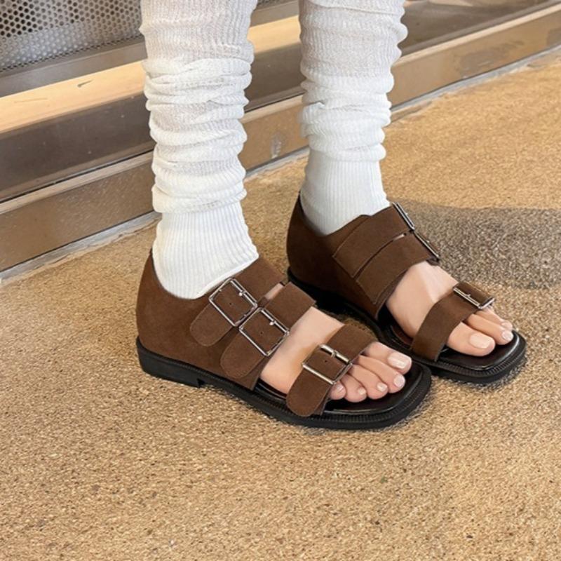 Vintage Minimalist Casual Sandals Summer New Square Toe Suede Open Toe Metal Buckle Soft Sole Inside Booster Romans