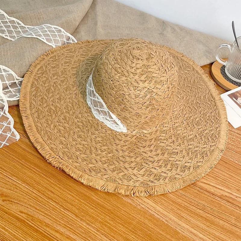 Large Brim Lace Straw Hat Elegant Women Sweet Lace Spring Summer Hollow Breathable Fisherman Hat Seaside Holiday Shade Beach Hat