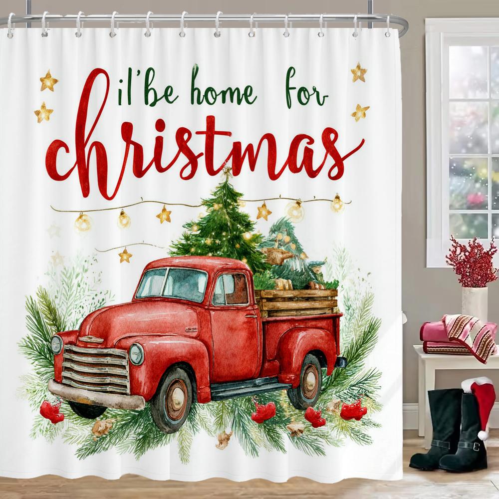Christmas truck Shower Curtain, Christmas Bathroom Curtain Decoration With Hook Fabric Christmas Gift Curtain, with Hooks