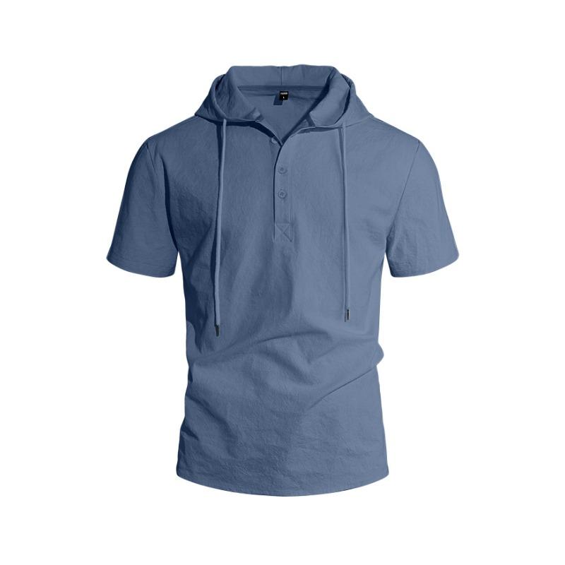 Men's Linen Short Sleeve Hooded Shirt Solid Color Beach Casual.