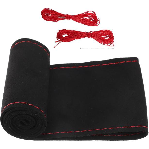 Car Hand Sewn DIY Steering Wheel Cover Breathable Comfortable 32-35cm Stitch on Wrap Cover Suede Black Stitches Red
