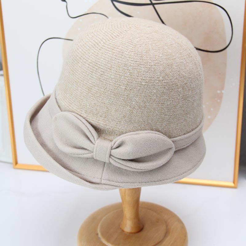 French bow knitted bucket hat women's autumn and winter retro basin hat short-brimmed top hat elegant and versatile small hat