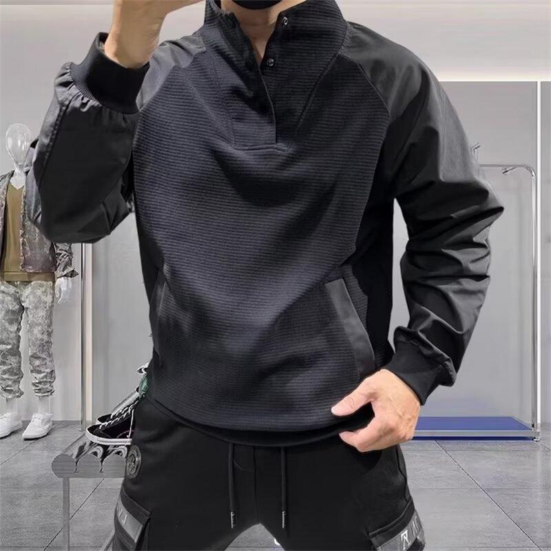 2026 Spring and Autumn New Stand-up Collar Sweater Men's Splicing Handsome Jacket High-end Design Casual Pullover Loose Top